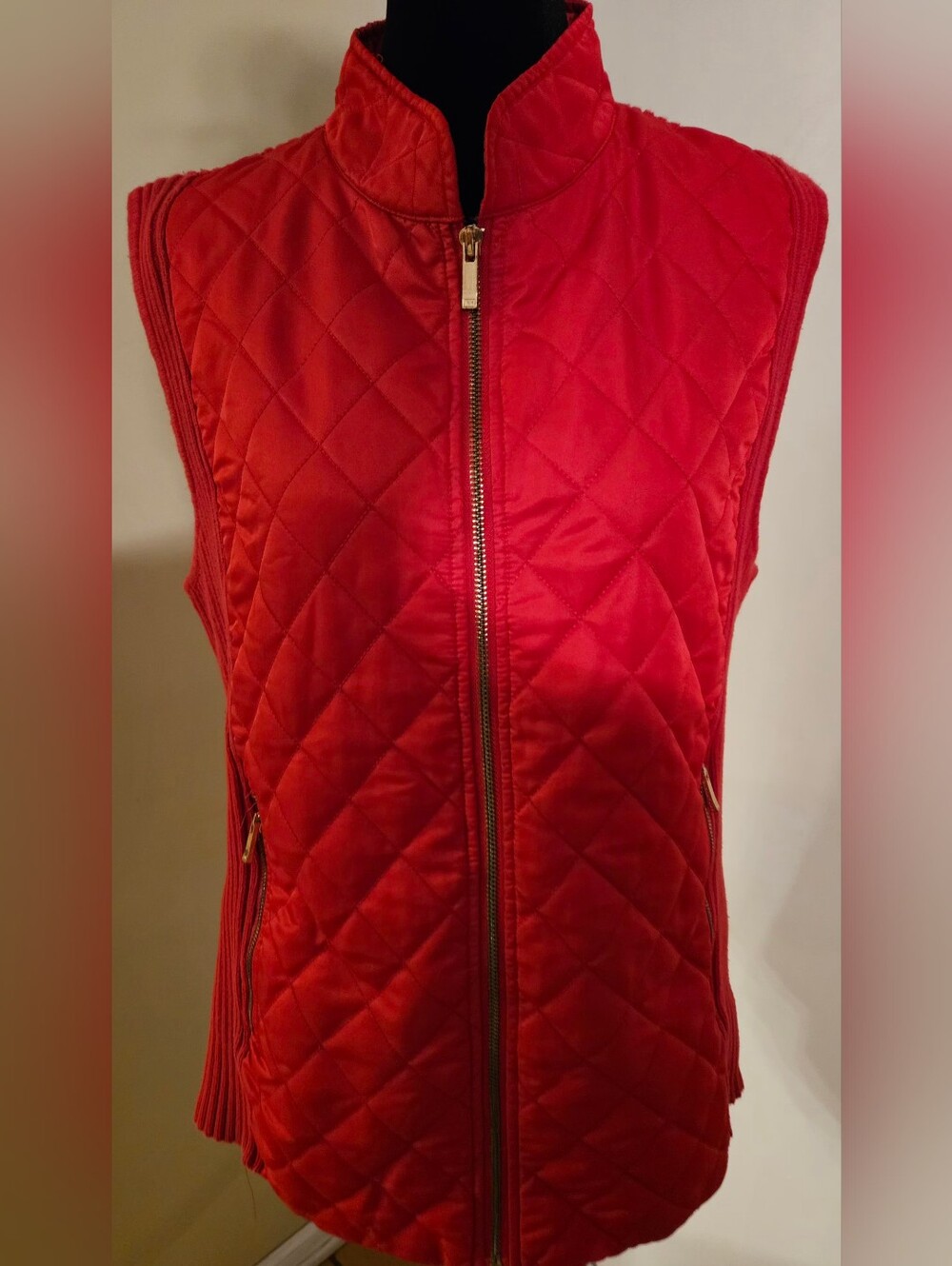 Jones New York Signature Red Quilted Ribbed Knit Zip Vest XL